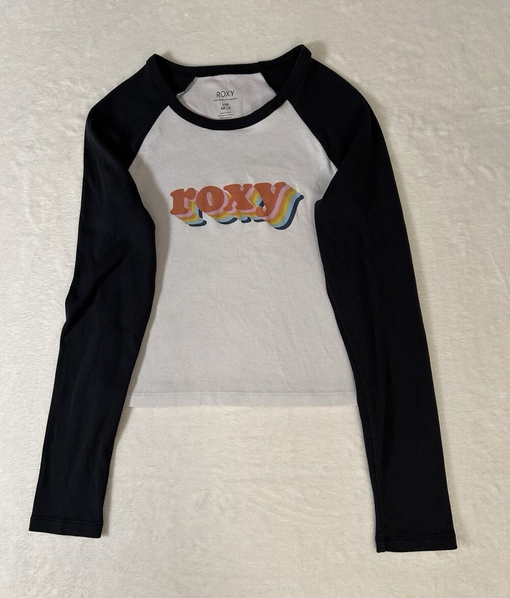 Roxy Long Sleeve Retro Stacked Style Cropped Tee Size L Surfer Skater Beachy